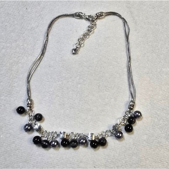 Dangling Bead Necklace Black Gray Silver Tone Chain Fashion Jewelry - Picture 5 of 9